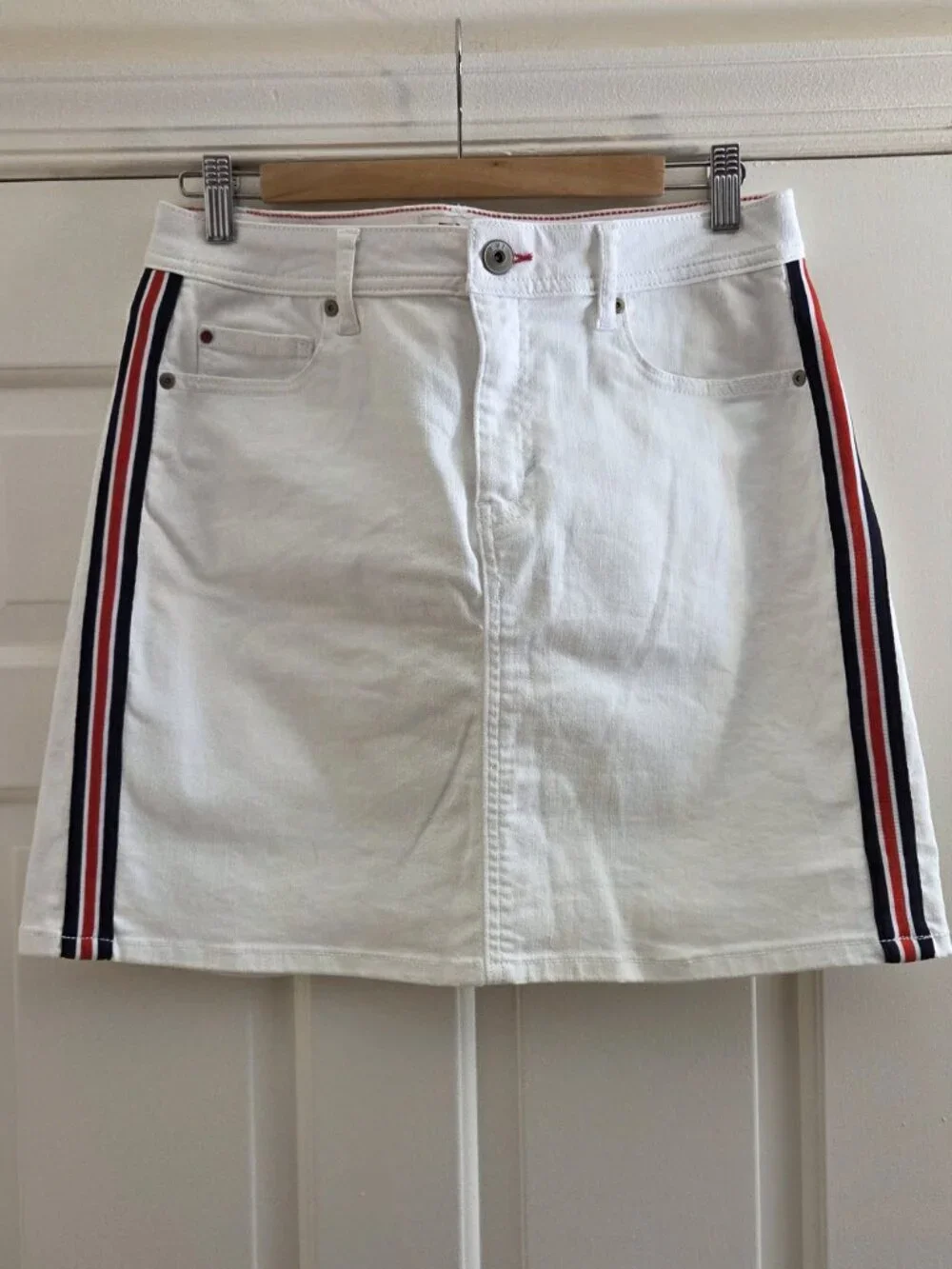 Ev1 sz 6-8 White Alex Laxed Vintage Denim Jean Skirt Stretch Cotton Blend Stripe